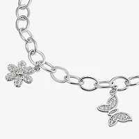 Diamonart Womens Cubic Zirconia Sterling Silver Butterfly Flower Charm Bracelet