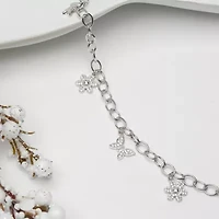 Diamonart Womens Cubic Zirconia Sterling Silver Butterfly Flower Charm Bracelet
