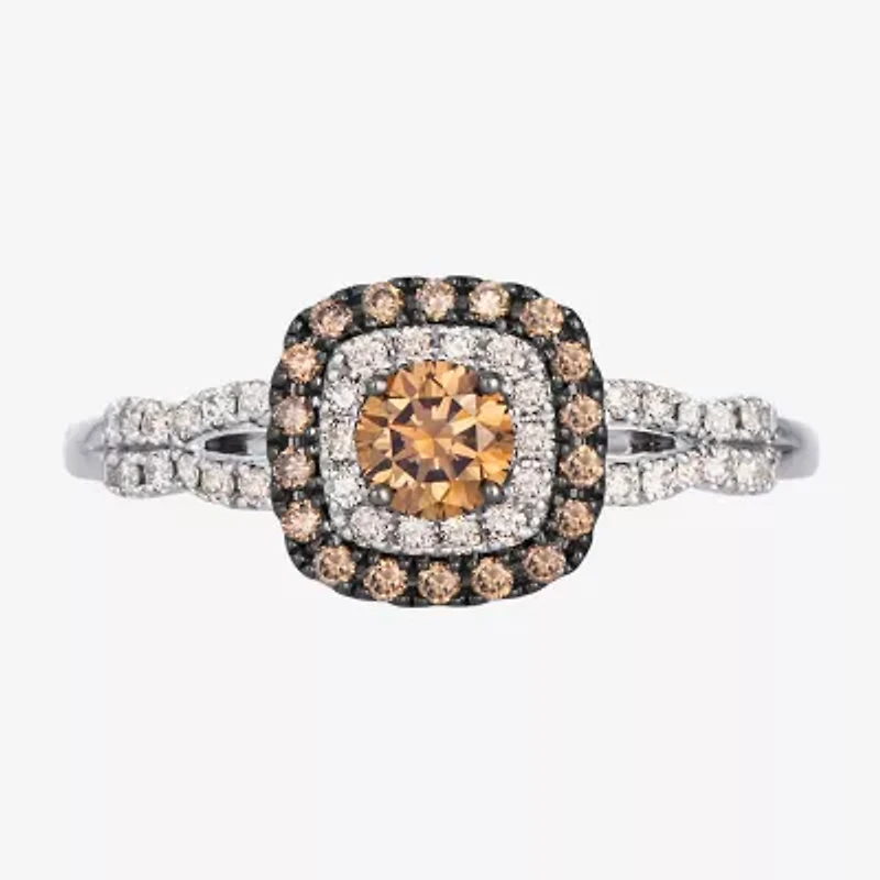 Levian Corp Womens 1/2 CT. T.W. Natural Champagne Diamond 14K White Gold Oval Halo Side Stone Cocktail Ring