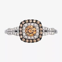 Levian Corp Womens 1/2 CT. T.W. Natural Champagne Diamond 14K White Gold Oval Halo Side Stone Cocktail Ring