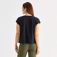 Liz Claiborne Womens Tall V Neck Short Sleeve Satin Blouse