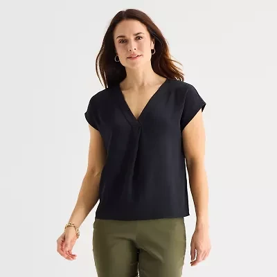 Liz Claiborne Womens Tall V Neck Short Sleeve Satin Blouse