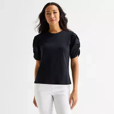 Liz Claiborne Womens Tall Crew Neck Elbow Sleeve Blouse