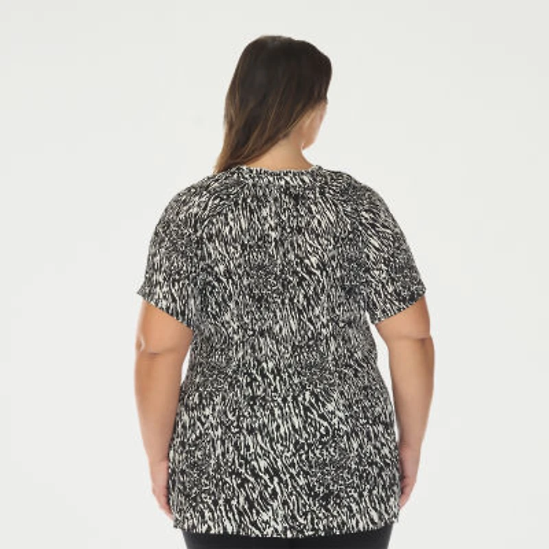 White Mark Printed Womens Plus Split Tie Neck Short Sleeve Peplum Top