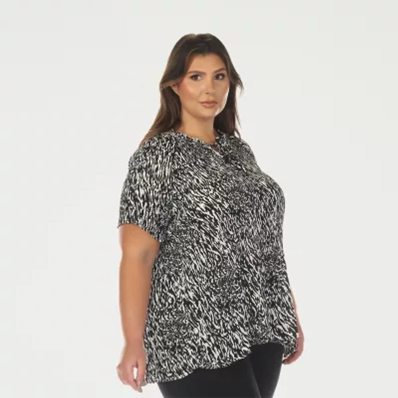 White Mark Printed Womens Plus Split Tie Neck Short Sleeve Peplum Top