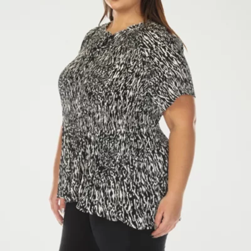 White Mark Printed Womens Plus Split Tie Neck Short Sleeve Peplum Top