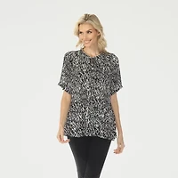 White Mark Printed Womens Split Tie Neck Short Sleeve Peplum Top