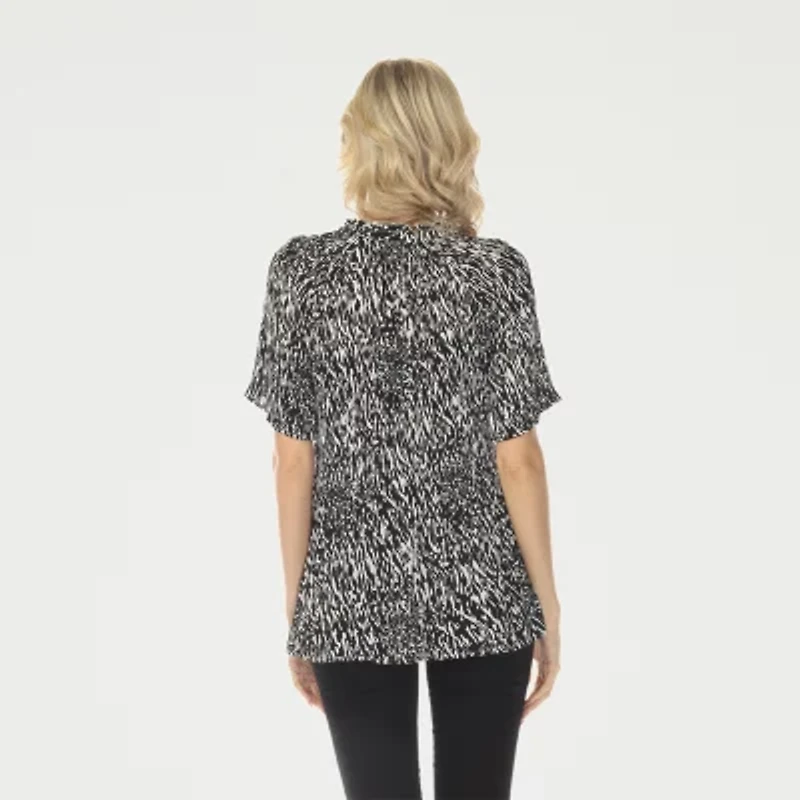 White Mark Printed Womens Split Tie Neck Short Sleeve Peplum Top