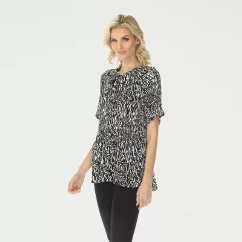 White Mark Printed Womens Split Tie Neck Short Sleeve Peplum Top