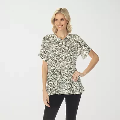 White Mark Printed Womens Split Tie Neck Short Sleeve Peplum Top