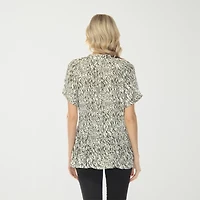 White Mark Printed Womens Split Tie Neck Short Sleeve Peplum Top