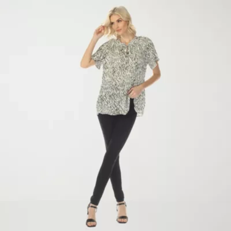 White Mark Printed Womens Split Tie Neck Short Sleeve Peplum Top