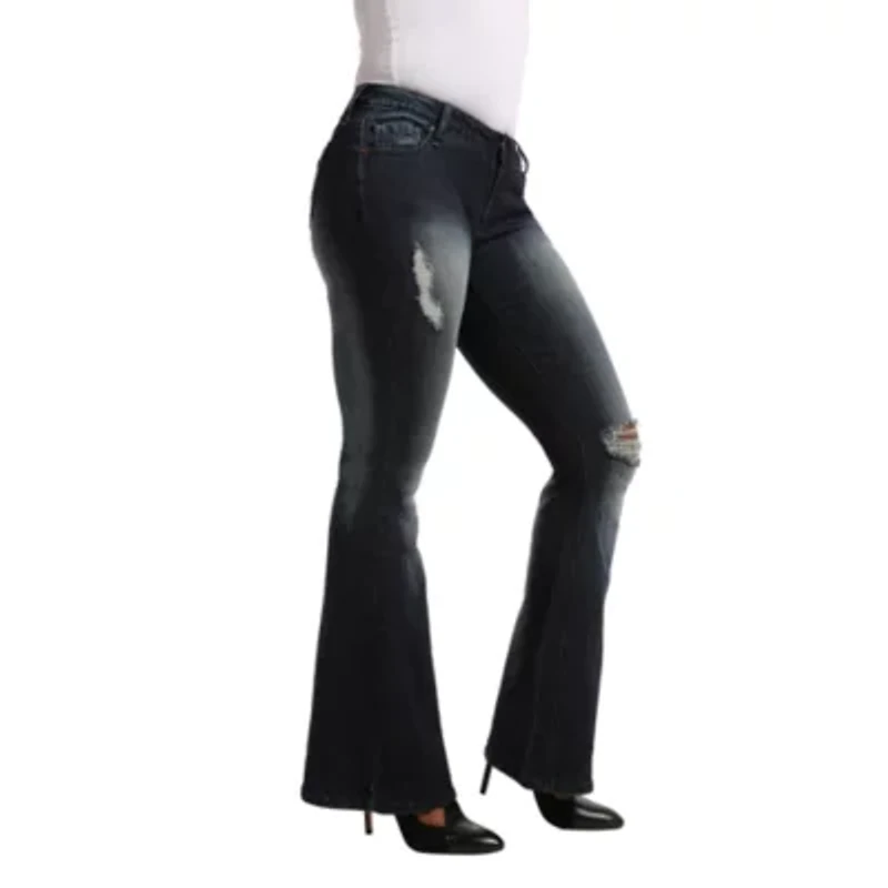 Poetic Justice Ripped Stretch Fabric Womens Mid Rise Curvy Fit Flare Leg Jean