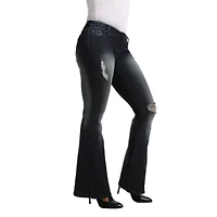 Poetic Justice Ripped Stretch Fabric Womens Mid Rise Curvy Fit Flare Leg Jean