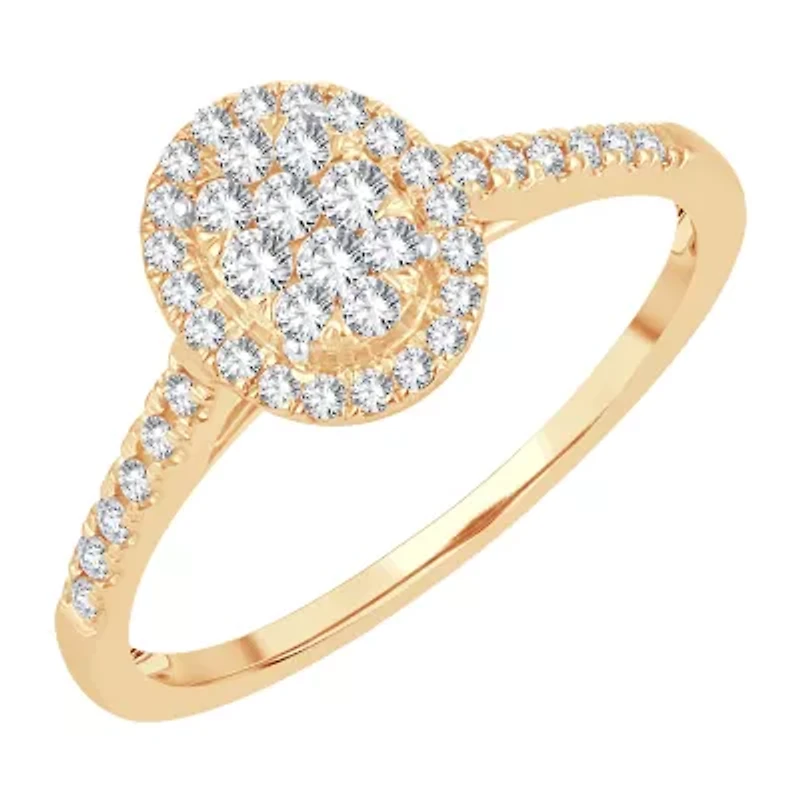 Womens 1/ CT. T.W. Natural White Diamond 10K Gold Oval Side Stone Halo Engagement Ring