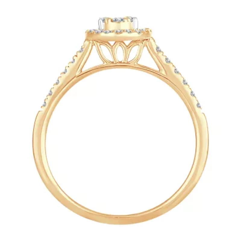 Womens 1/ CT. T.W. Natural White Diamond 10K Gold Oval Side Stone Halo Engagement Ring