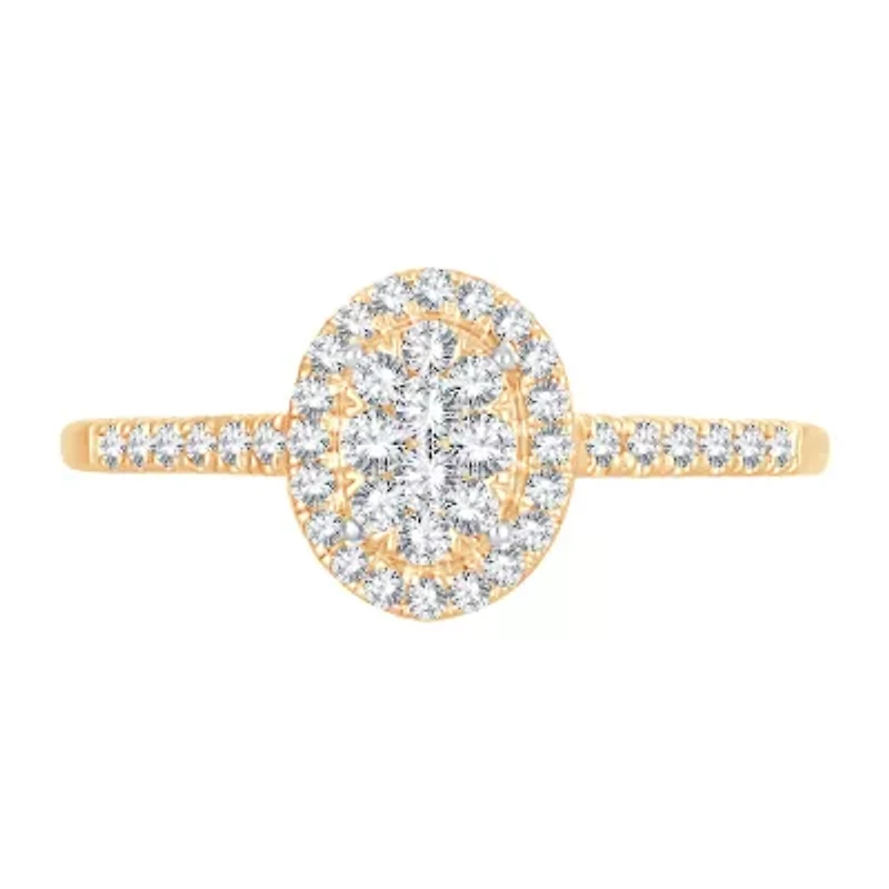 Womens 1/ CT. T.W. Natural White Diamond 10K Gold Oval Side Stone Halo Engagement Ring