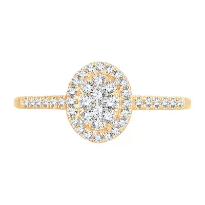 Womens 1/ CT. T.W. Natural White Diamond 10K Gold Oval Side Stone Halo Engagement Ring