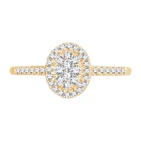 Womens 1/ CT. T.W. Natural White Diamond 10K Gold Oval Side Stone Halo Engagement Ring