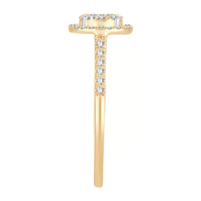 Womens 1/ CT. T.W. Natural White Diamond 10K Gold Oval Side Stone Halo Engagement Ring