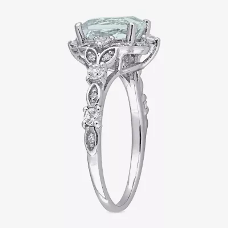 Modern Bride Gemstone Womens Diamond Accent Genuine Blue Aquamarine 14K White Gold Cushion Engagement Ring