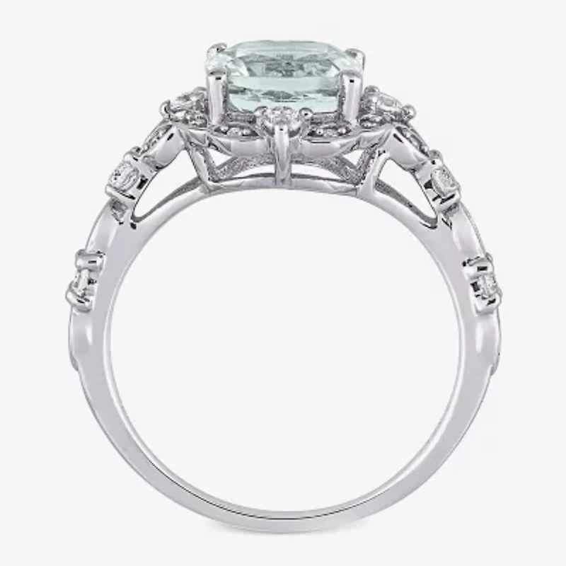 Modern Bride Gemstone Womens Diamond Accent Genuine Blue Aquamarine 14K White Gold Cushion Engagement Ring