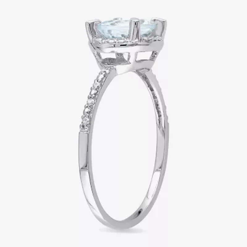 Modern Bride Gemstone Womens Diamond Accent Genuine Blue Aquamarine 10K White Gold Round Halo Engagement Ring