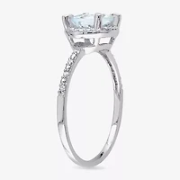 Modern Bride Gemstone Womens Diamond Accent Genuine Blue Aquamarine 10K White Gold Round Halo Engagement Ring