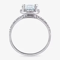 Modern Bride Gemstone Womens Diamond Accent Genuine Blue Aquamarine 10K White Gold Round Halo Engagement Ring