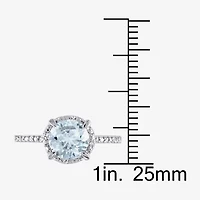 Modern Bride Gemstone Womens Diamond Accent Genuine Blue Aquamarine 10K White Gold Round Halo Engagement Ring