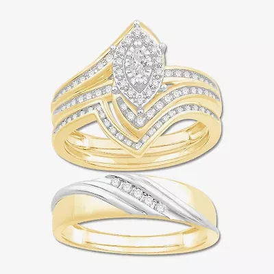 3PC Trio Set Featuring 1/2 CT.T.W. Natural Diamond 10K or 14K Gold Womens Yellow Bridal Set and Mens Two-Tone Wedding Band