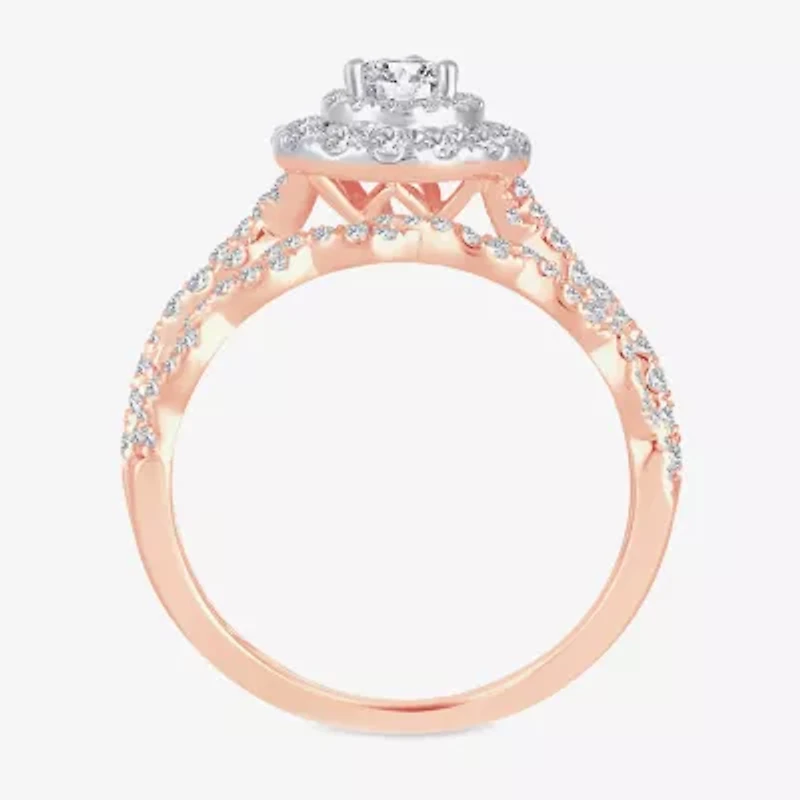 Signature By Modern Bride 1 CT.T.W. Natural Diamond Pear Shape Side Stone Halo Bridal Set 10K or 14K Gold