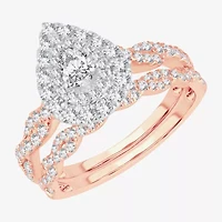 Signature By Modern Bride 1 CT.T.W. Natural Diamond Pear Shape Side Stone Halo Bridal Set 10K or 14K Gold