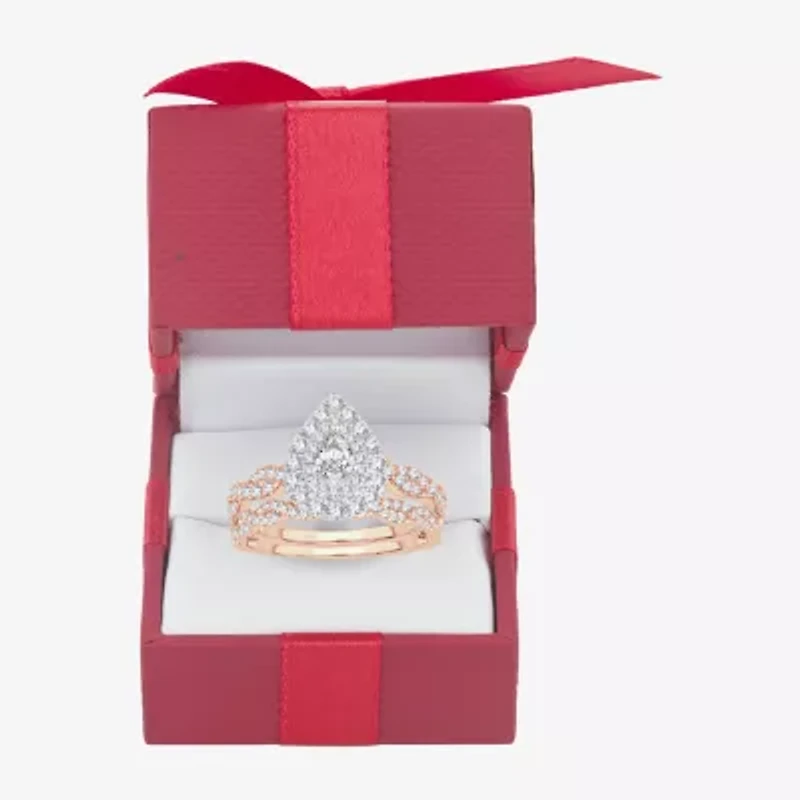 Signature By Modern Bride 1 CT.T.W. Natural Diamond Pear Shape Side Stone Halo Bridal Set 10K or 14K Gold