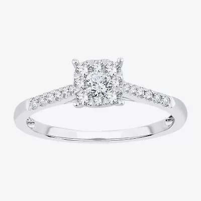 Womens 1/3 CT. T.W. Natural White Diamond 10K Gold Cushion Side Stone Halo Engagement Ring