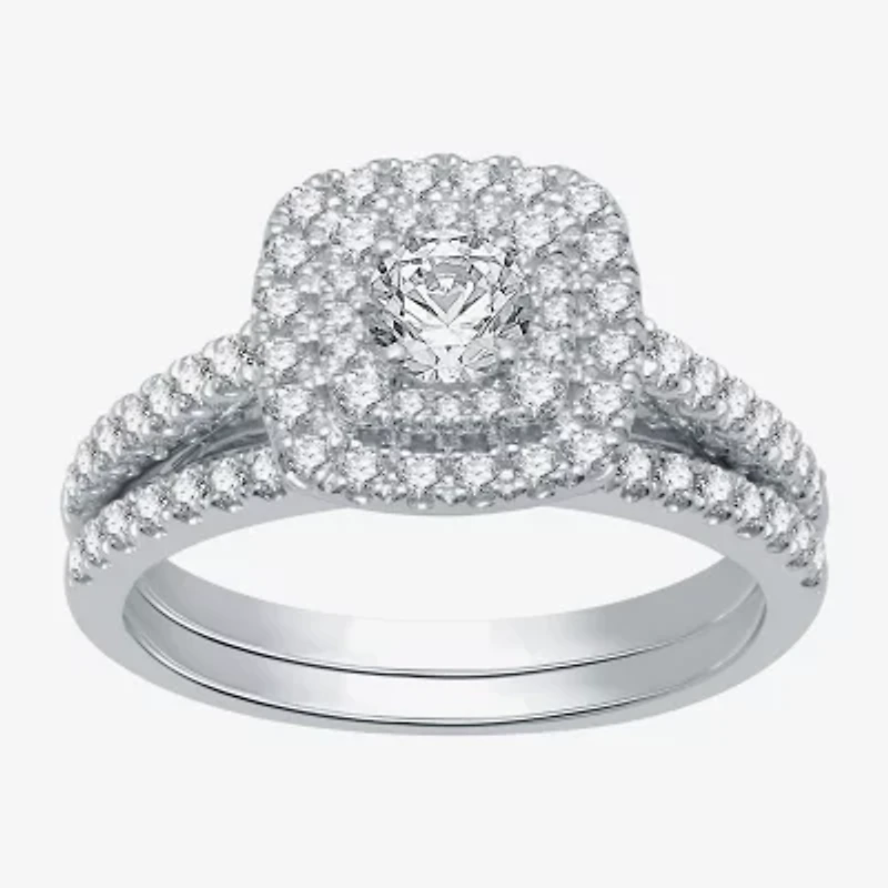 (H-I / Si1-Si2) Womens 1 CT. T.W. Lab Grown White Diamond 10K Gold Cushion Side Stone Halo Bridal Set