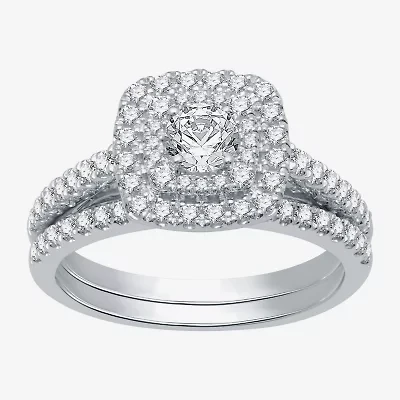 (H-I / Si1-Si2) Womens 1 CT. T.W. Lab Grown White Diamond 10K Gold Cushion Side Stone Halo Bridal Set
