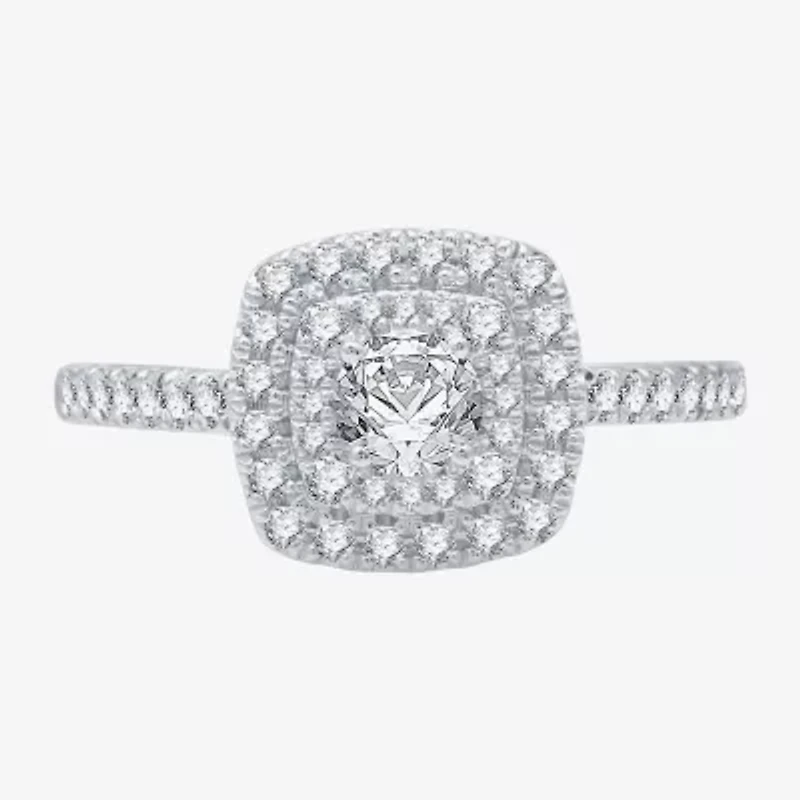 (H-I / Si1-Si2) Womens 1 CT. T.W. Lab Grown White Diamond 10K Gold Cushion Side Stone Halo Bridal Set