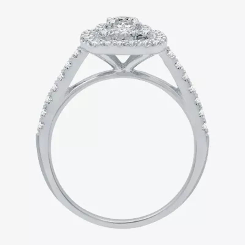 (H-I / Si1-Si2) Womens 1 CT. T.W. Lab Grown White Diamond 10K Gold Cushion Side Stone Halo Bridal Set