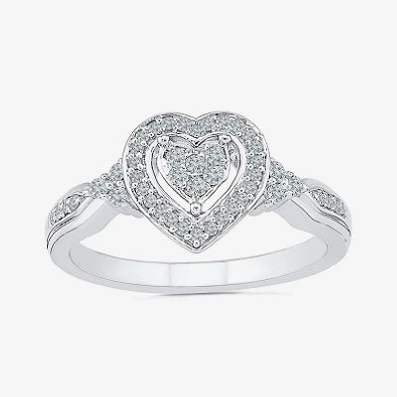Womens 1/5 CT. Natural White Diamond Sterling Silver Heart Side Stone Halo Engagement Ring