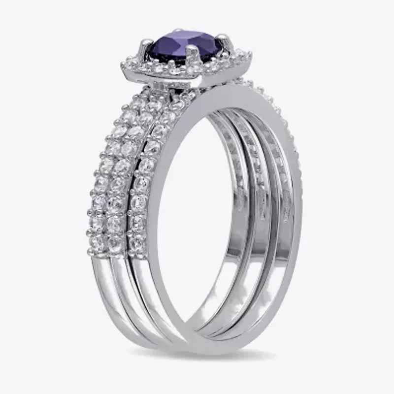 Modern Bride Gemstone Womens Lab Created Blue Sapphire Sterling Silver Cushion Halo Bridal Set