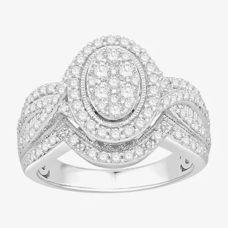 Womens 1 CT. T.W. Natural White Diamond 10K White Gold Oval Side Stone Halo Engagement Ring