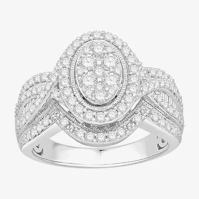 Womens 1 CT. T.W. Natural White Diamond 10K White Gold Oval Side Stone Halo Engagement Ring