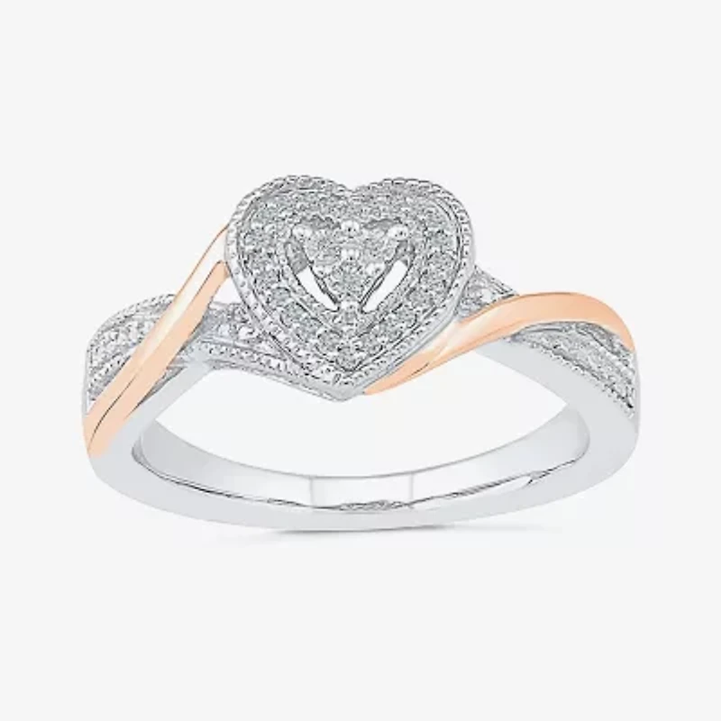 Promise My Love Womens Diamond Accent Natural White 10K Gold Over Silver Heart Crossover Side Stone Ring