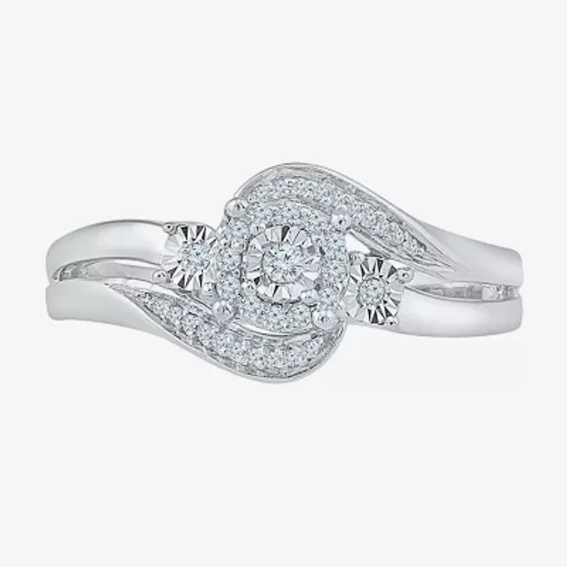 Womens 1/8 CT. T.W. Natural White Diamond Sterling Silver Round Side Stone Halo Promise Ring