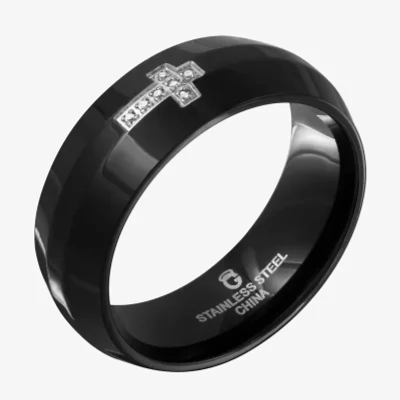 Sideways Mens 6MM Diamond Accent Natural White Stainless Steel Cross Wedding Band