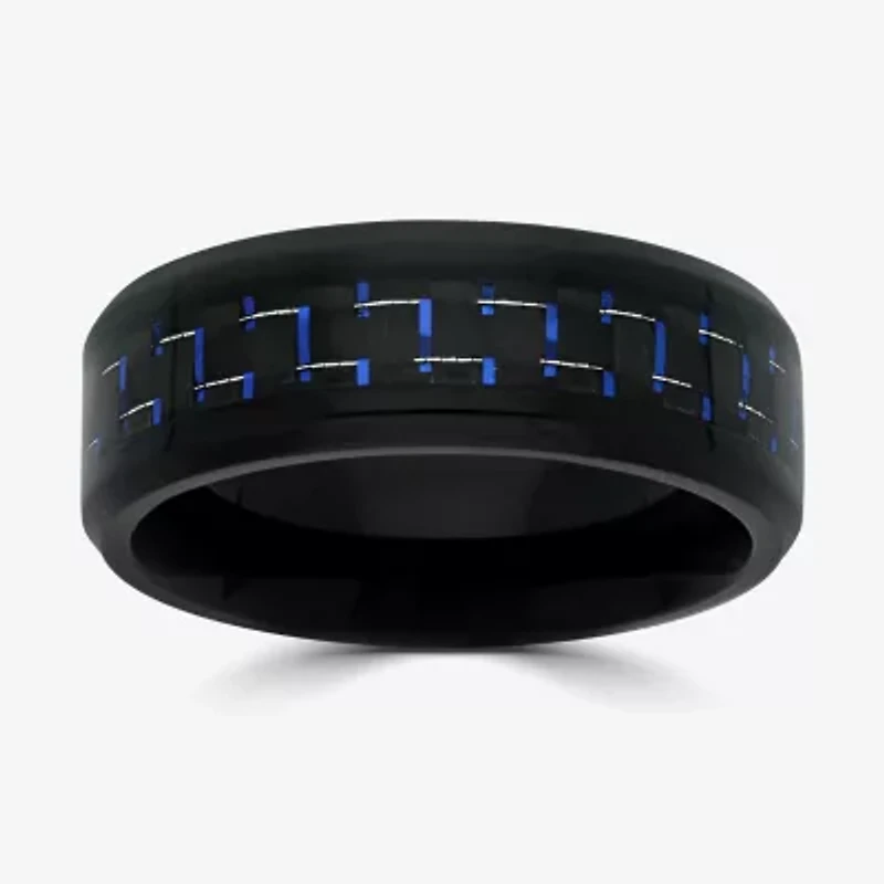 Mens 8MM Black Stainless Steel with Blue Carbon Fiber Wedding Band