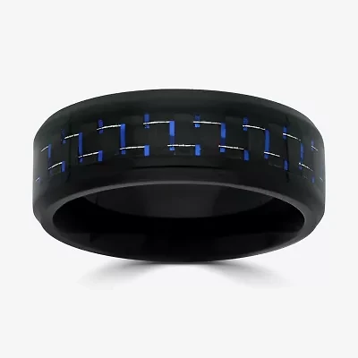 Mens 8MM Black Stainless Steel with Blue Carbon Fiber Wedding Band