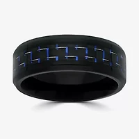 Mens 8MM Black Stainless Steel with Blue Carbon Fiber Wedding Band