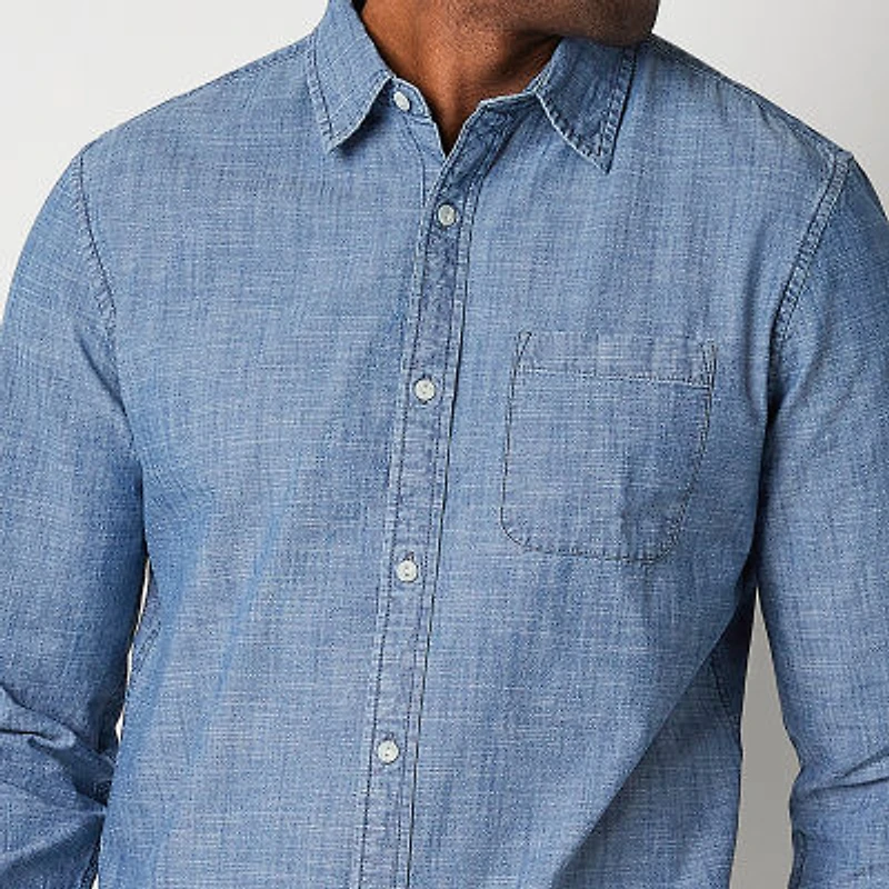 St. John's Bay Chambray Mens Long Sleeve Slim Fit Button-Down Shirt